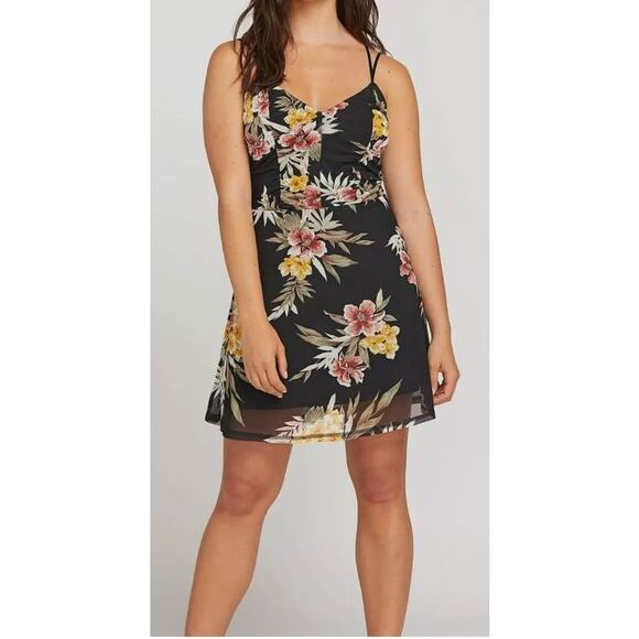 VOLCOM NEW $52 Black Floral Strappy Mesh Mini Dress Slushy‎ Hour Small - Picture 1 of 6
